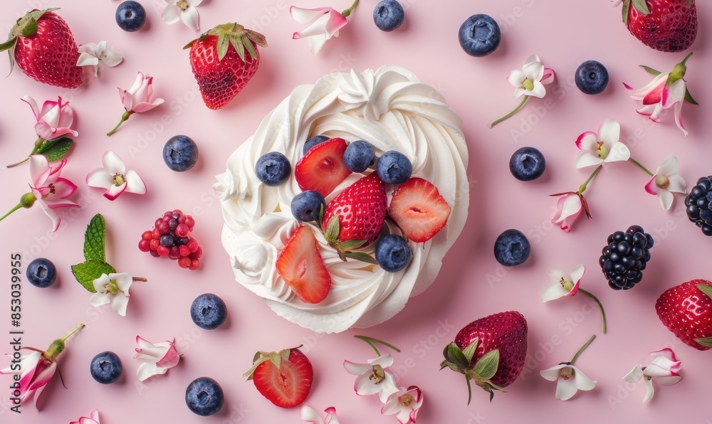 Berry dessert on a pastel pink background