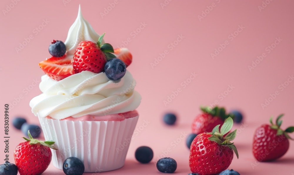 Berry dessert on a pastel pink background Berry dessert on a pastel pink background