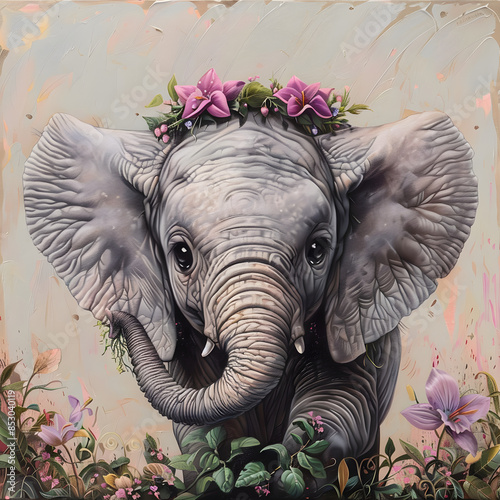 Image of a baby elephant ,with a pink background with flower arrangement decoration photo