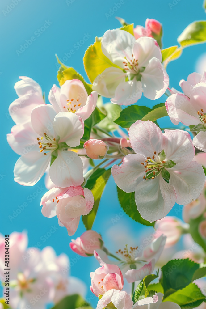 Fototapeta premium Apple tree blossoms, spring sky background 