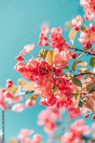 Crabapple tree blossoms, spring sky background 