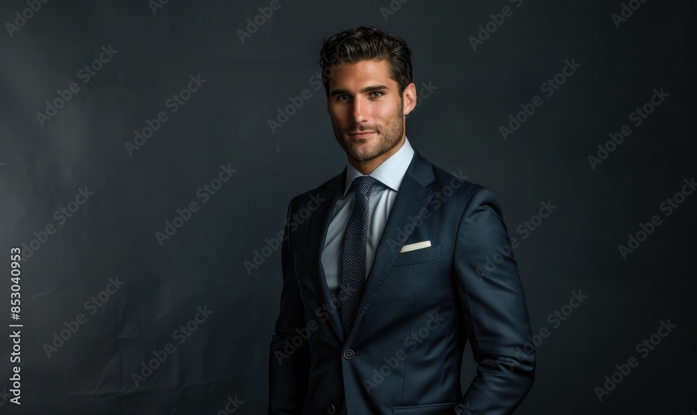 Fototapeta premium Clean portrait of a man in a modern slim-fit suit against a plain dark backdrop