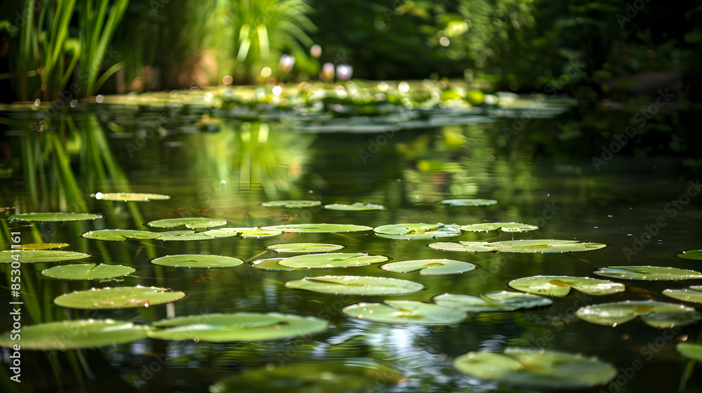 A quiet pond with lily pads and reflections.
A quiet pond with lily pads and reflections.