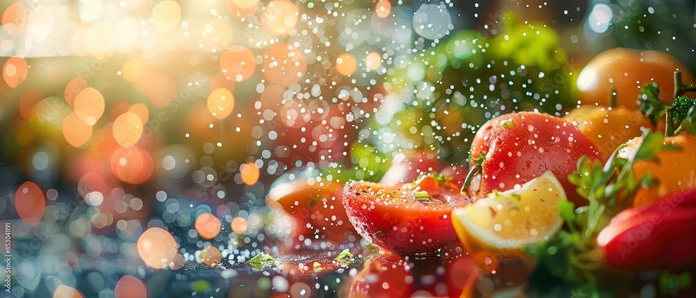Fresh tomatoes and lemon slices with water droplets in the air. Vibrant and healthy ingredients captured in natural light. Fresh tomatoes and lemon slices with water droplets in the air. Vibrant and healthy ingredients captured in natural light.