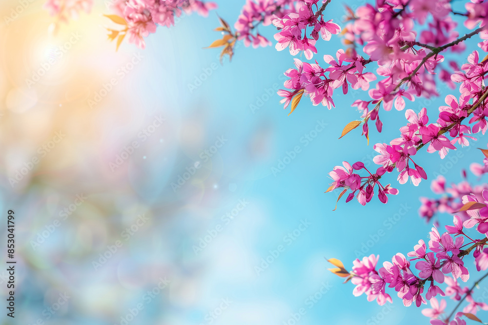 Naklejka premium Redbud tree blossoms, spring sky background 