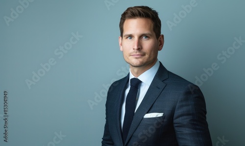 Elegant headshot of a professional in a tailored navy suit against a pale blue backdrop