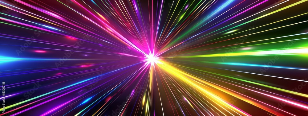 A colorful laser light pattern with neon rays on a black background A colorful laser light pattern with neon rays on a black background