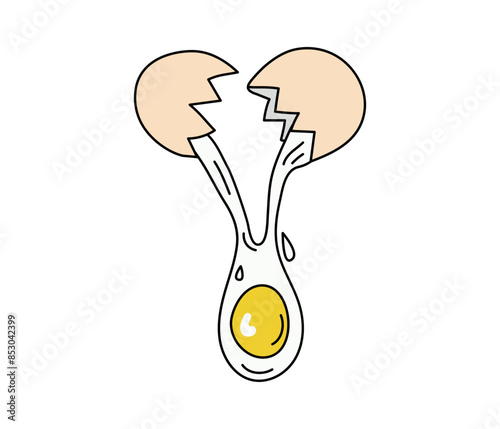 Broken egg, cooking scrambled eggs. Food, drawing, doodles. World Egg Day. Eggshell. Natural nutrition. Vector illustration, isolated background.