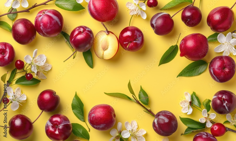 Fresh plums with a touch of blooming branches on a pastel yellow background Fresh plums with a touch of blooming branches on a pastel yellow background