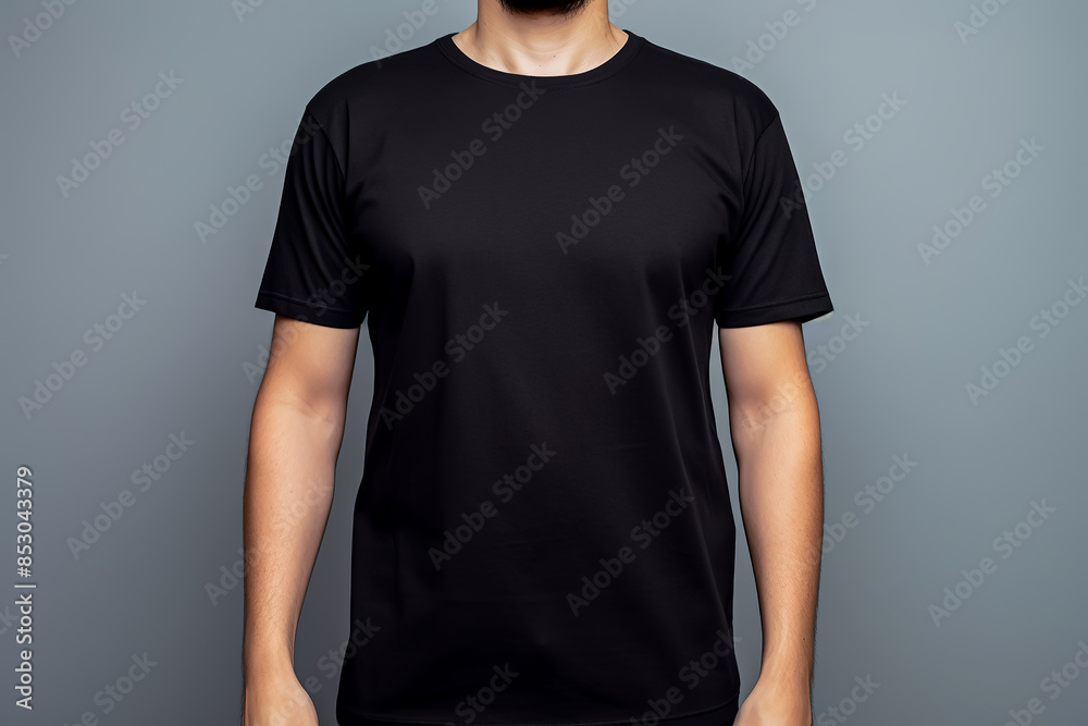 A man is wearing a black shirt. A man is wearing a black shirt.