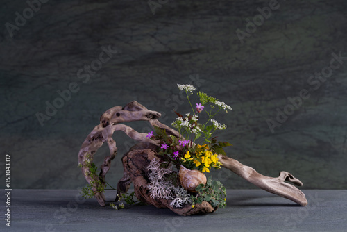 miniature composition of wildflowers using roots, moss, lichen, naturalistic style. photo