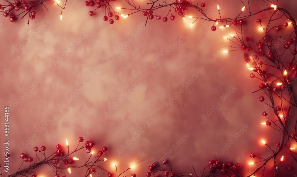 Fototapeta premium Garland of warm red lights framing the frame, limestone background
