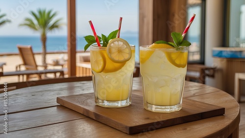 Chilled Couple Refreshment - Lemonade Duo with Seaside Rrestaurant Background. photo