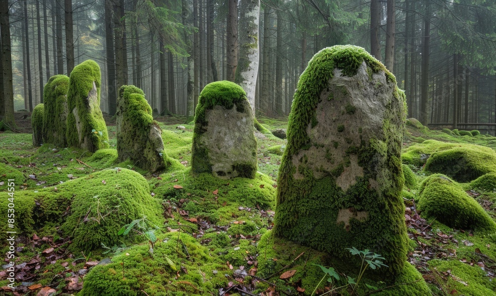 Harmonious alignment of moss-covered stones in a forest glade Harmonious alignment of moss-covered stones in a forest glade