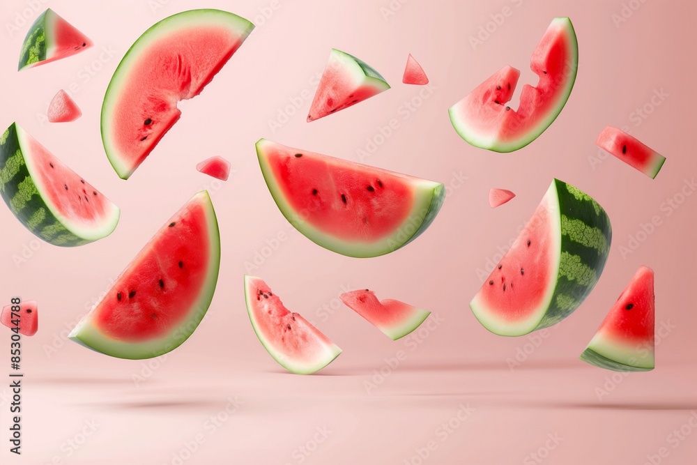Slices of fresh juicy watermelon falling on pink background, Fresh Juicy Watermelon Slices Falling on Pink Background, Refreshing Summer Watermelon Slices on a Vibrant Pink Backdrop