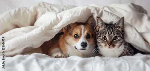 A dog and cat playing under a white blanket on a white background