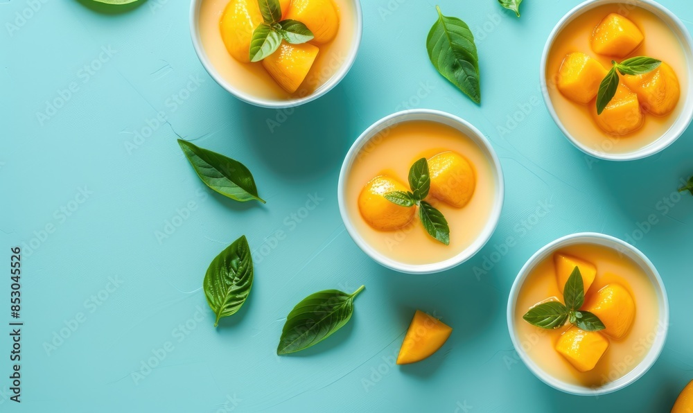 Mango panna cotta on a pale blue backdrop, top view Mango panna cotta on a pale blue backdrop, top view