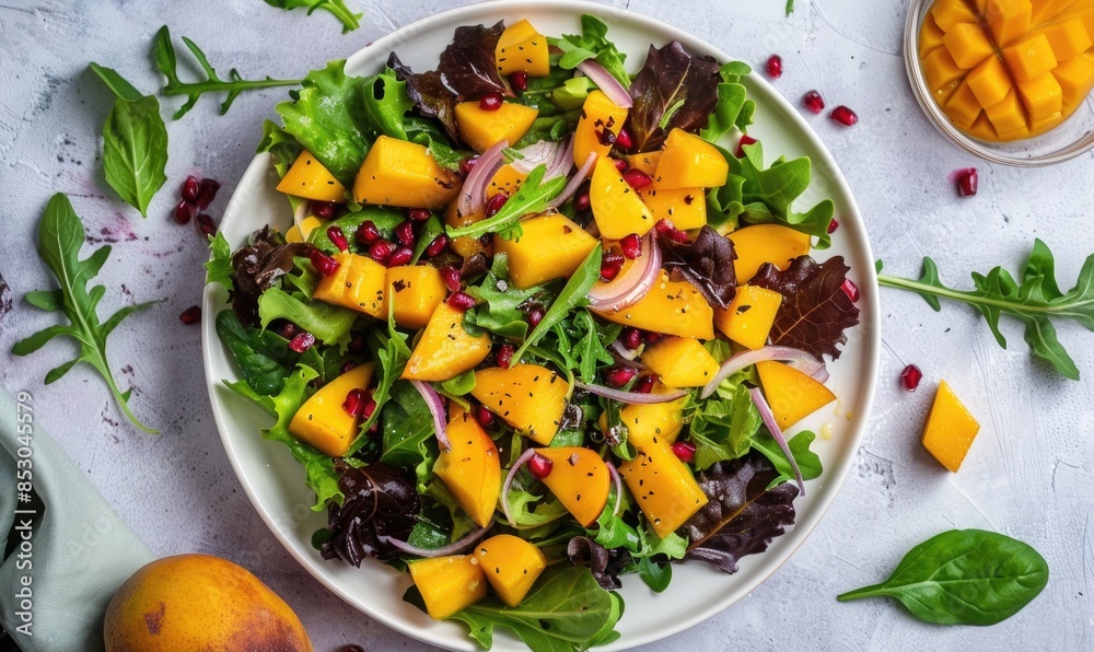 Mango salad on a light lavender surface Mango salad on a light lavender surface
