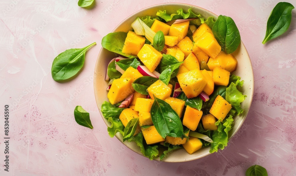 Mango salad on a light lavender surface Mango salad on a light lavender surface