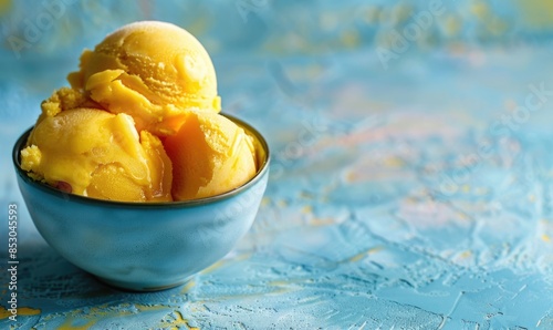Mango sorbet in a bowl on a light blue surface photo