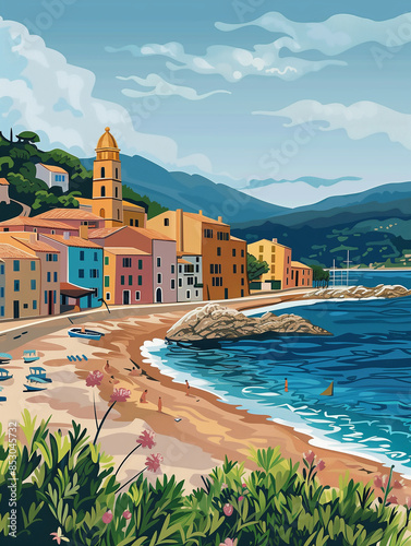 Vue ensoleillée de Saint-Tropez, France, avec des maisons colorées en bord de mer et les plages pittoresques du Var - Brigitte Bardot