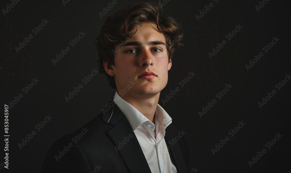 Minimalistic portrait of a young man in a crisp white shirt and dark suit against a pure black background Minimalistic portrait of a young man in a crisp white shirt and dark suit against a pure black background