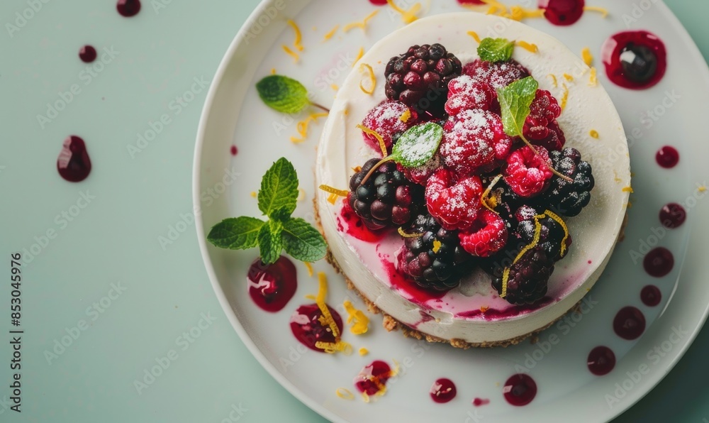 Mixed berry cheesecake on a pale green backdrop Mixed berry cheesecake on a pale green backdrop