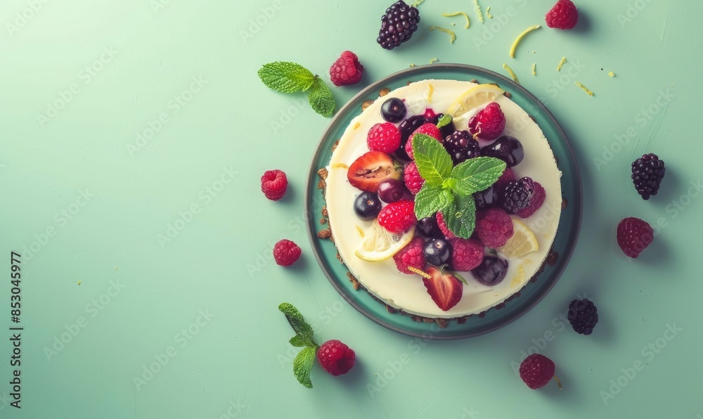 Mixed berry cheesecake on a pale green backdrop Mixed berry cheesecake on a pale green backdrop