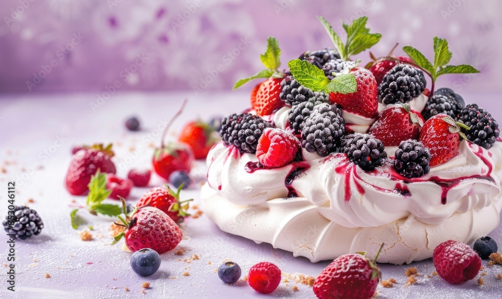 Mixed berry pavlova on a soft lavender background Mixed berry pavlova on a soft lavender background