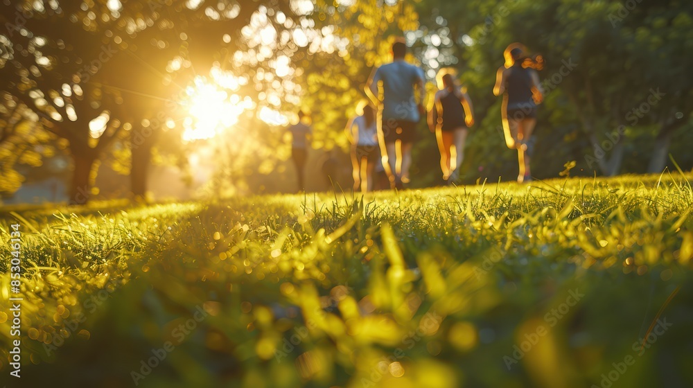 A group of people walking in a park during a sunny day. The sun is shining through the trees, creating a warm and pleasant atmosphere.