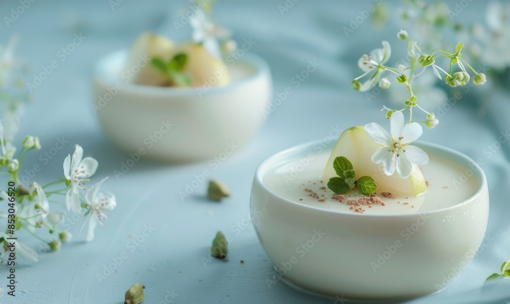 Pear and cardamom panna cotta on a light blue surface Pear and cardamom panna cotta on a light blue surface