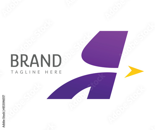 Letter A logo icon design template elements. Creative logo with purple initial letter A and yellow arrow. Usable for Branding, Business and Transportation Logos.
