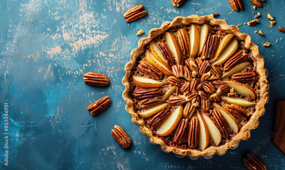Pear and pecan tart on a pastel blue background Pear and pecan tart on a pastel blue background