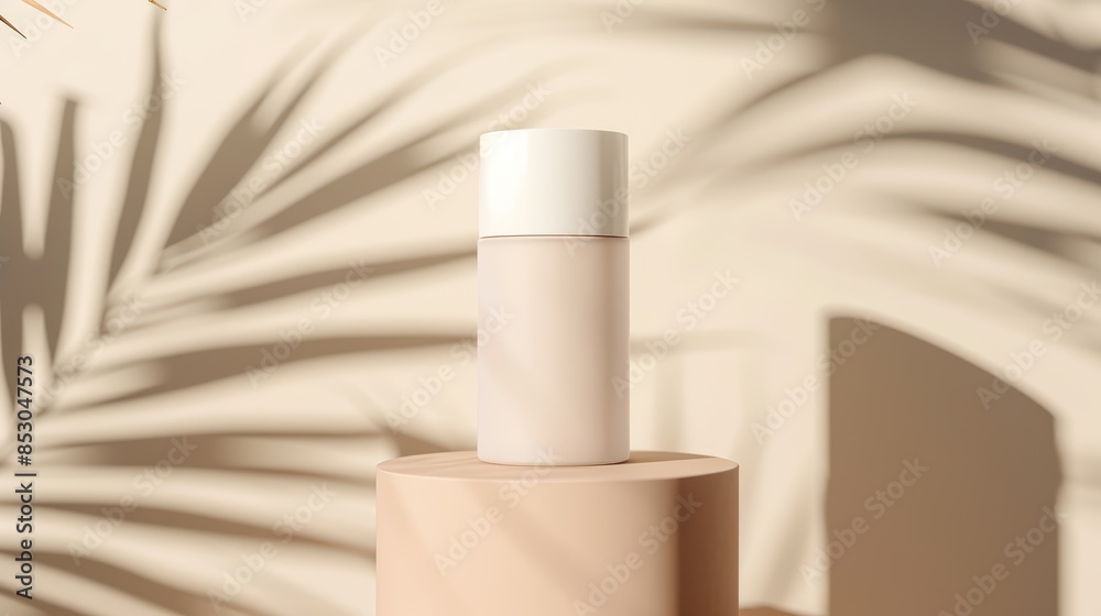 Sophisticated deodorant showcased on a light beige podium, surrounded by soft shadows and gentle reflections, against a light and airy background Sophisticated deodorant showcased on a light beige podium, surrounded by soft shadows and gentle reflections, against a light and airy background