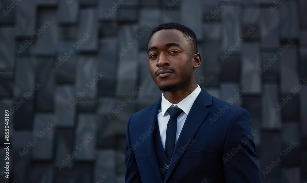 Portrait of a young man in a navy blue suit against a subtle charcoal background Portrait of a young man in a navy blue suit against a subtle charcoal background