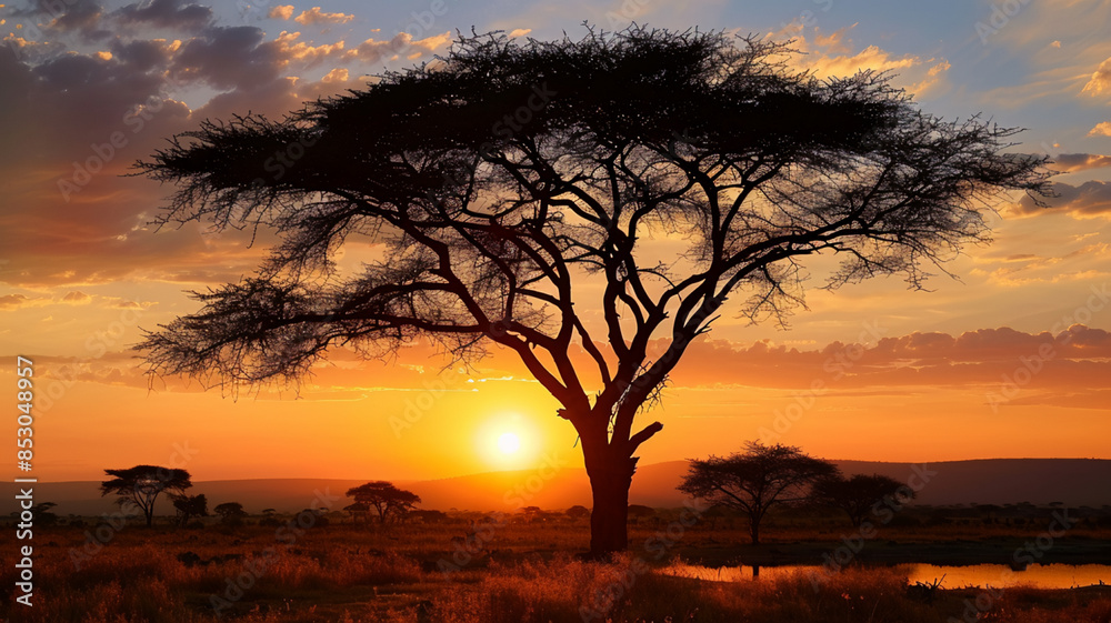 Silhouette of acacia tree in African sunset, AI Generative. Silhouette of acacia tree in African sunset, AI Generative.