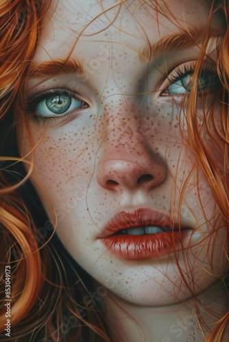Portrait détaillé jeune femme rousse avec des taches de rousseur et des yeux verts captivants, expression intense et émotive, mise en avant de la beauté naturelle photo