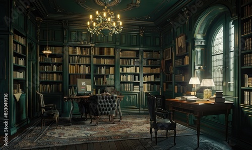 Study room in a historic library with dark green walls