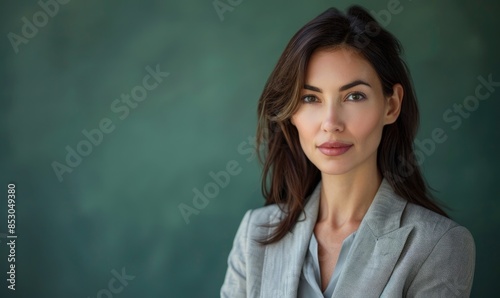 Portrait of a woman in a light gray suit against a muted green background