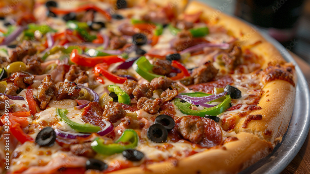 A variety of toppings including meats, vegetables, and cheeses, a delicious pizza covered with ham, olives, tomatoes, green peppers, Supreme Pizza A loaded pizza with and melted cheddar. A variety of toppings including meats, vegetables, and cheeses, a delicious pizza covered with ham, olives, tomatoes, green peppers, Supreme Pizza A loaded pizza with and melted cheddar.
