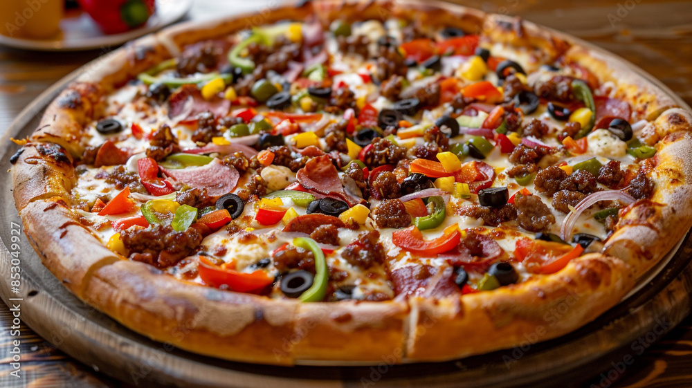 Supreme Pizza A loaded pizza with a variety of toppings including meats, vegetables, and cheeses, a close-up view of a hot pizza topped with pepperoni, sausage, bell peppers, onions, mushrooms. Supreme Pizza A loaded pizza with a variety of toppings including meats, vegetables, and cheeses, a close-up view of a hot pizza topped with pepperoni, sausage, bell peppers, onions, mushrooms.