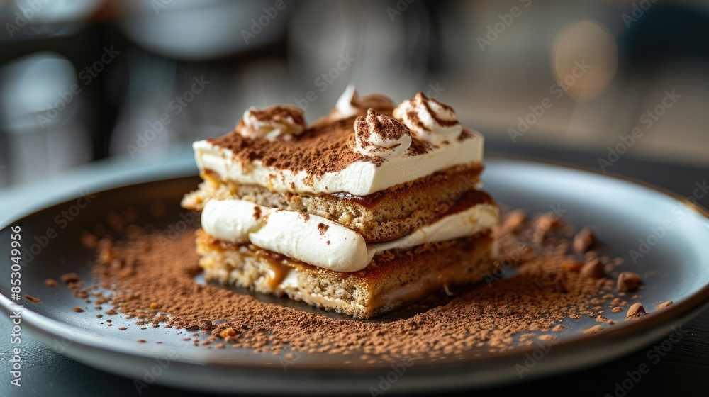 Photograph of a decadent tiramisu dessert, layered with espresso-soaked ladyfingers, mascarpone cream, and cocoa powder.