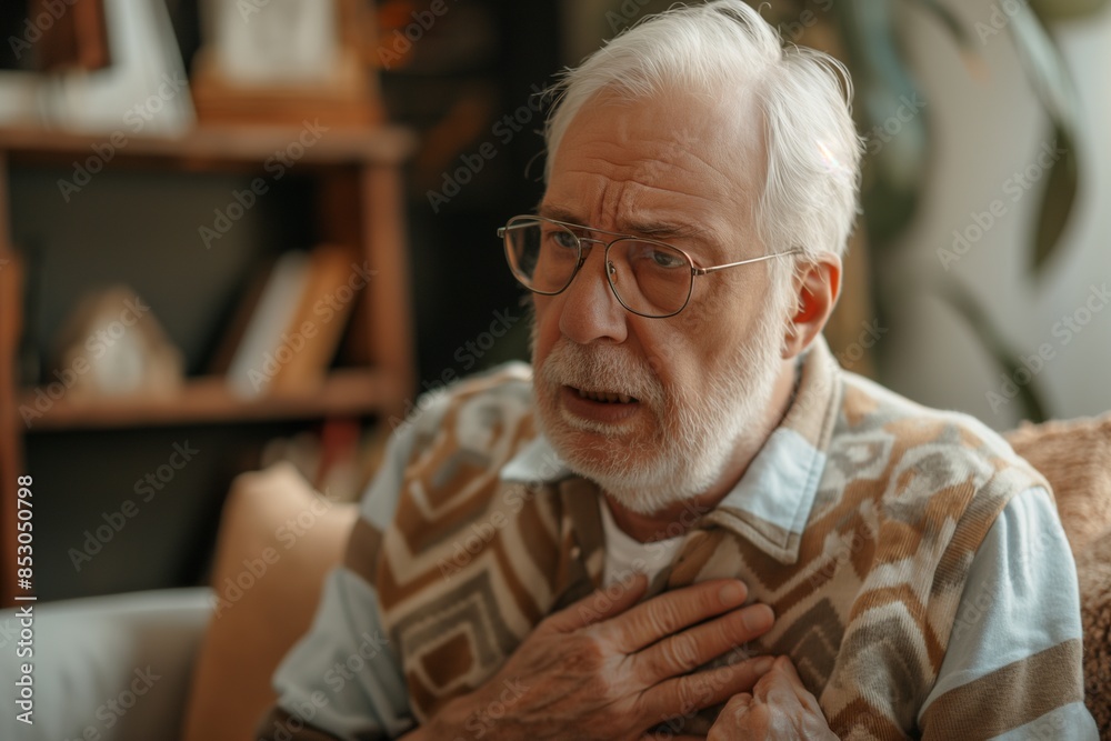 Senior man suffering from chest pain indoor, Senior Man Suffering from Chest Pain Indoors, Recognizing and Responding to Heart Attack Symptoms, Elderly Health Alert, Identifying and Managing Chest Pai Senior man suffering from chest pain indoor, Senior Man Suffering from Chest Pain Indoors, Recognizing and Responding to Heart Attack Symptoms, Elderly Health Alert, Identifying and Managing Chest Pai