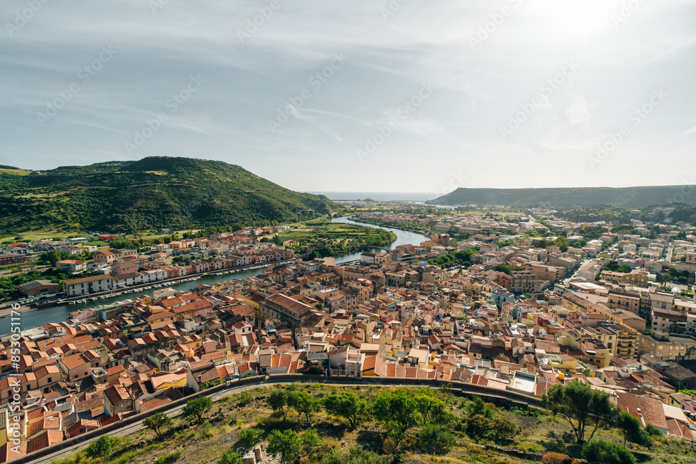 Obraz premium beautiful village of Bosa with colored houses and a medieval castle. Sardinia, Italy