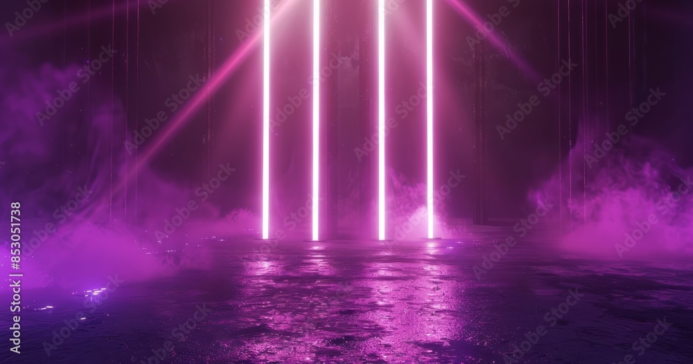 A dark background with purple and pink lights shining down, creating an atmosphere of mystery and futuristic style A dark background with purple and pink lights shining down, creating an atmosphere of mystery and futuristic style
