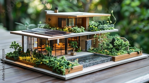 Architectural model of modern two-story eco-friendly house with solar panels, surrounded by lush greenery and a reflecting pool, illustrating perfect blend of sustainability and contemporary design. photo