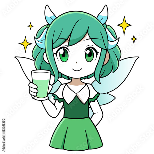 anime girl with green hair, dressed as a magical fairy, holding a milk glass with sparkling fairy dust around her