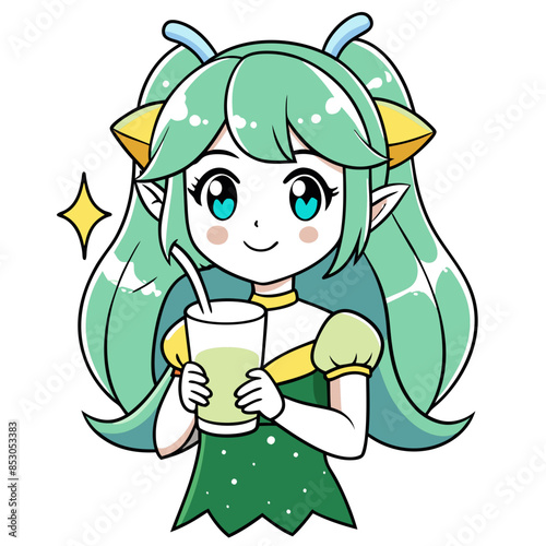 anime girl with green hair, dressed as a magical fairy, holding a milk glass with sparkling fairy dust around her