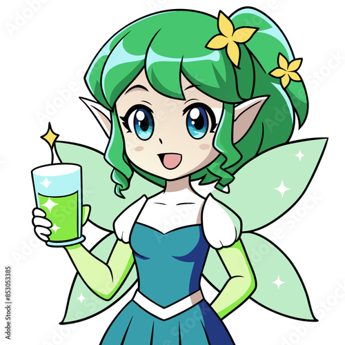 anime girl with green hair, dressed as a magical fairy, holding a milk glass with sparkling fairy dust around her