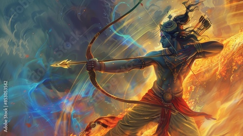 Lord Rama with bow and arrow, Happy Dussehra Festival concept
